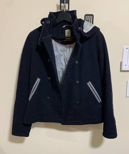 Bershka Wool Warm Navy Blue Grey Trench Hooded (comes off) Lined Dress Jacket S