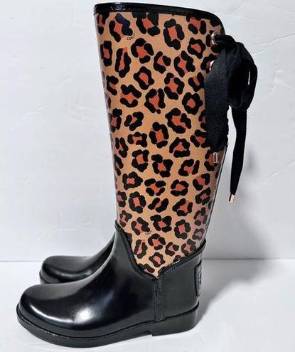Coach  Tristee Leopard Animal Print Lace Up Knee High Rubber Rain Boots Size 7B