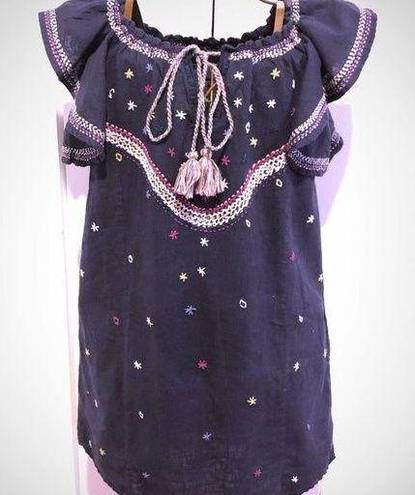 Ban Jara  Cotton Embroidered Navy Blue Boho Sheath Dress Women's Size S