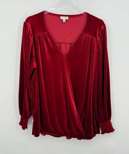 Wonderly  red crush velvet ruched faux wrap long sleeve blouse 1X