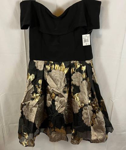 Betsy and Adam NWT  Women’s Off the Shoulder Metallic Floral Black & Gold Dress Size 12