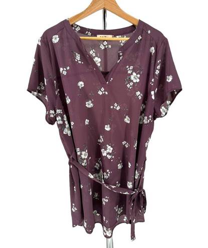 The Moon Full Segura Short Sleeve Tie Waist Maternity Blouse Light Purple Floral 2X