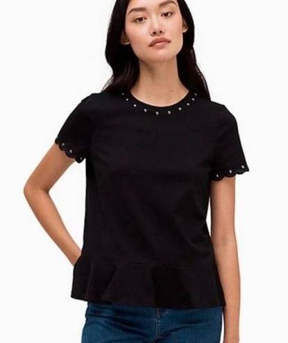 Kate Spade  Black Studded Short Sleeve Peplum Hem Tee Size L