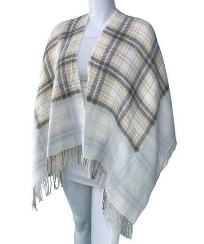 J.Jill  Womens One Size Poncho Sweater Wrap Plaid Acrylic Fringe Neutral Soft