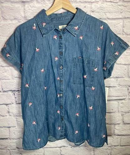 Style & Co  Denim Shirt Sz L Button Down Slits Embroidered Mushrooms Novelty Fun‎