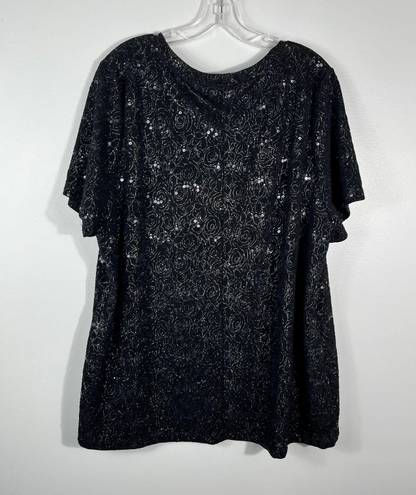 White Stag Women’s Plus Size Black Metallic Floral Sequin Short Sleeve Top 3X