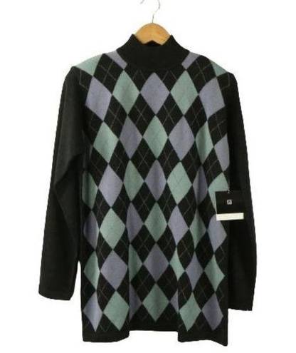 Valerie Stevens NWT  Merino Wool Pullover Argyle Mock Neck Tunic Sweater M