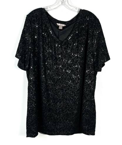 White Stag Women’s Plus Size Black Metallic Floral Sequin Short Sleeve Top 3X