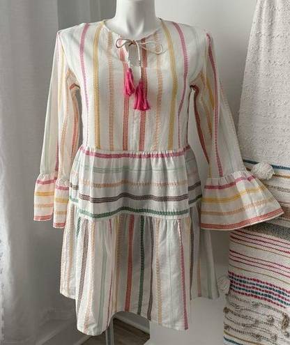 PilyQ  Morgan White Multistripe Embroidered Long Bell Sleeves Beach Mini Dress M
