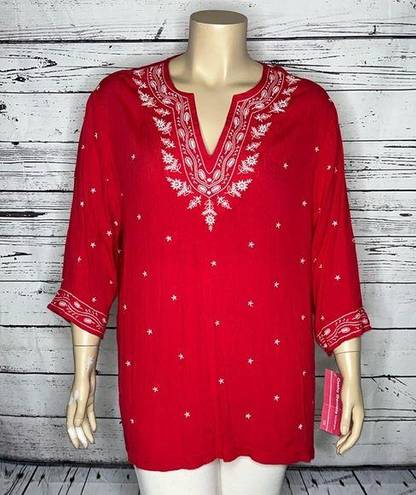 Cathy Daniels  Woman NWT 2X Dark Pink - White Embroidered Rayon Gauze Top Shirt