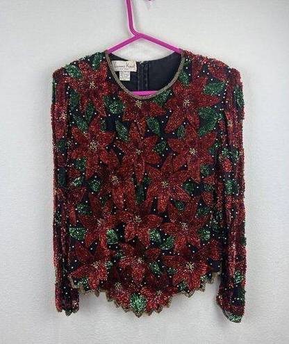 Laurence Kazar  New York Vintage Poinsettia Sequin Beaded Blouse Top Size Large