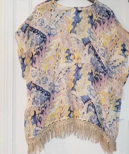 Chico's  Linen Weave Poncho Cape Watercolor Paisley Crochet Fringe Small / Medium