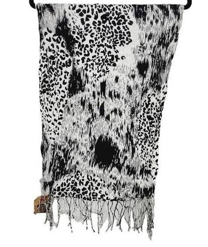 Route 66  Womens One Size Black White Leopard Animal Print Bohemian Fringe Scarf