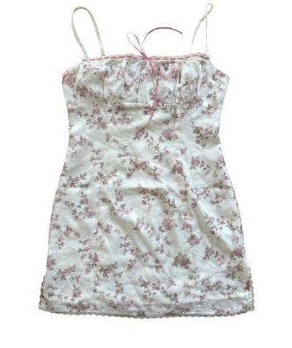 White Fox Boutique  - Lace & Ribbon Trim Dainty Floral Mini Dress in White & Pink