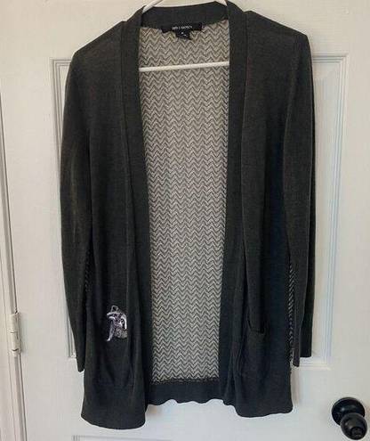 89th and Madison  Gray Cardigan Sweater with Pockets and Sheer Back w/Racoon Accent