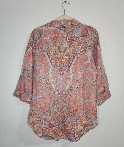 Chico's  Eclectic Paisley Printed Floral 100% Linen Women S Button Front Shirt