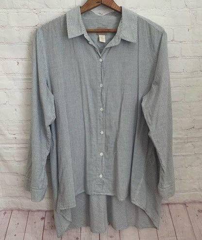 Chico's Chico’s blue and white stripe long cotton blouse roll up sleeves Size 2 Large 12