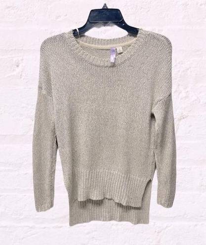 Alya  oatmeal tan elbow patch knit neutral pullover sweater high low Small