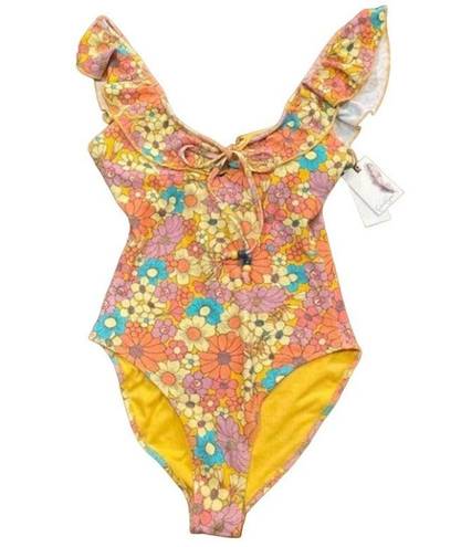 Jessica Simpson  Floral Yellow Rendevous Ruffled-Neck Swimsuit Medium NWT