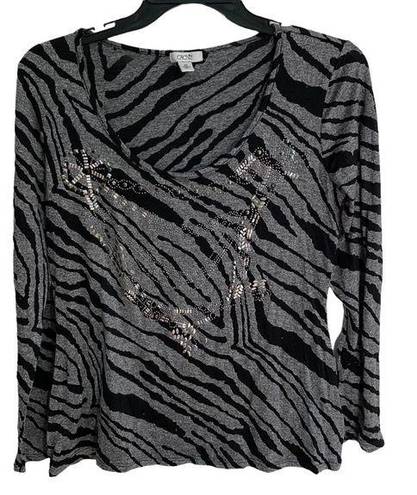 Cache  Womens Black Gray Animal Print Scoop Neck Long Sleeve Blouse Top Size M