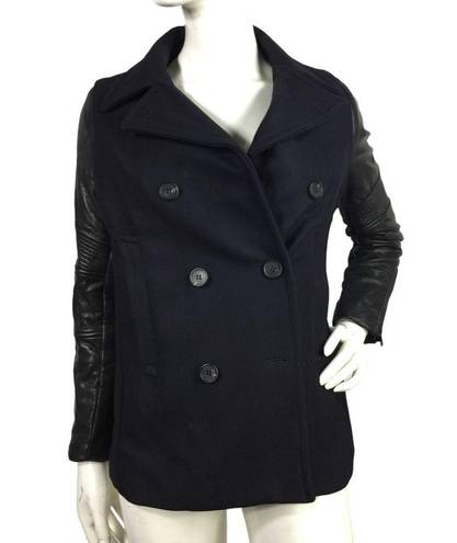 All Saints Zaskia Pea Coat Navy Wool Black Leather
Sleeves Double Breasted