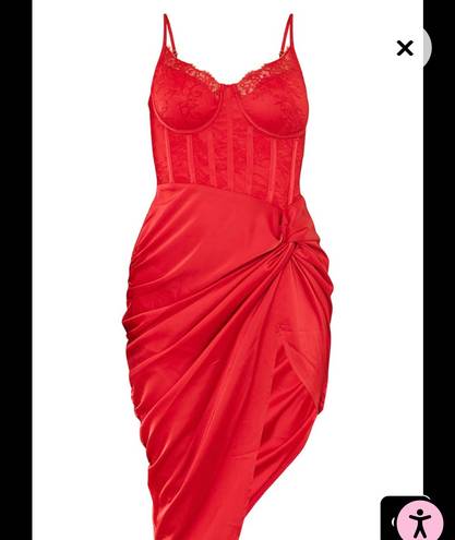 Pretty Little Thing Red Strappy Satin Gathered Midi Dress in Red