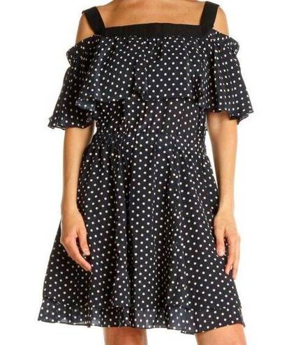 Jason Wu  GREY Navy and White Polka Dot Off Shoulder Ruffle Fit and Flare Dress S