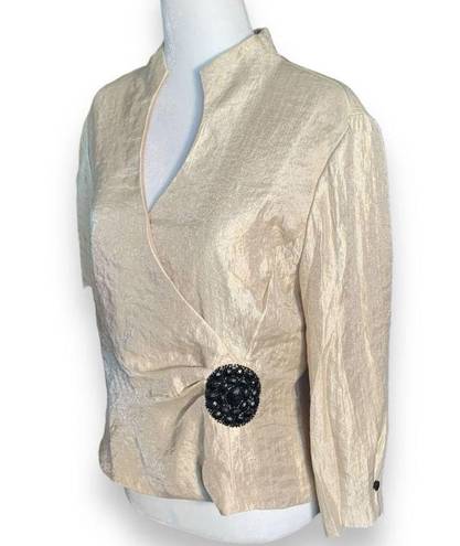 Dress Barn Vintage  Collarless Blazer Top Gold Metallic Black Brooch Ruched 10