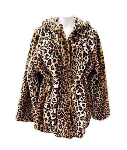 Dennis Basso Brown Leopard Zip Front Faux Fur Coat with Hood and Waist Detail