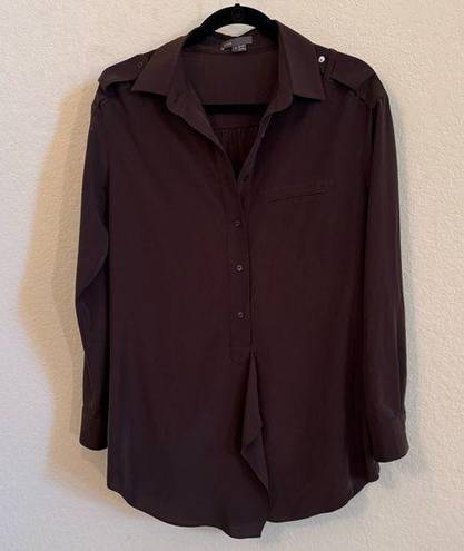 Vince  Dark Brown Flowy Tunic Style Blouse Button Top, Size Small