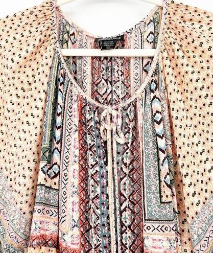 Angie  Womens Boho Chic Mixed Print Bell Sleeve Woven Tunic Dress Size 2X