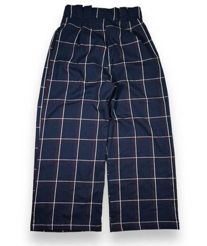 Lulus  Plaid Paper Bag Waist Wide Leg Pants Womens Medium Blue