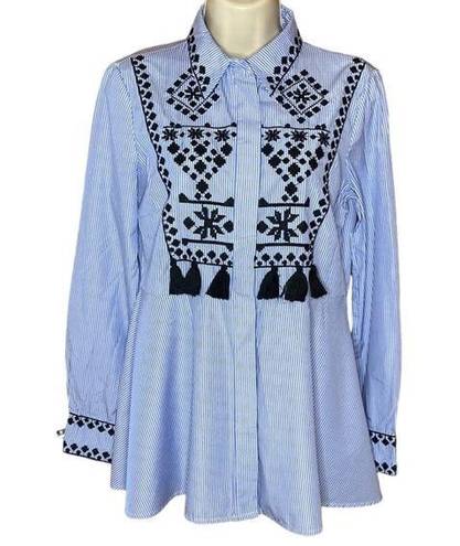 ZARA  Woman | Blue Striped Embroidered Peplum Shirt S