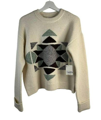 a.n.a  Crewneck Pullover Quilt Tribal Pattern Sweater Long Sleeve Cream Size M