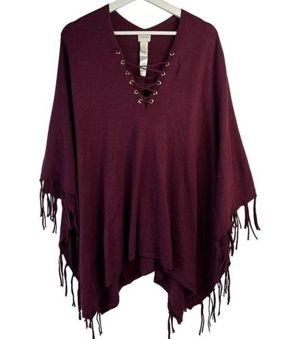 Chico's  One Size Lace Up Fringed Poncho In Monrovia Western Tasseled  Pullover