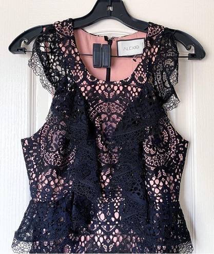 Alexis Dress Narasse Lace Sheath Ruffle Racerback Midi Wedding Black S NWT