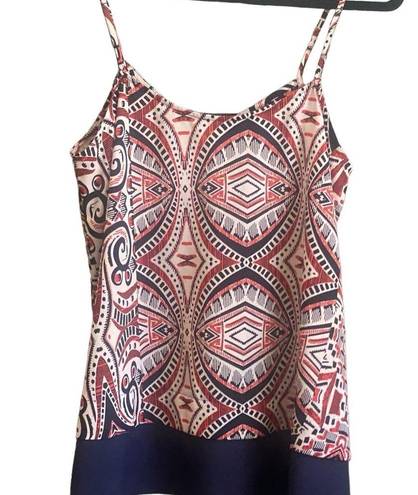 Collective Concepts  Red/Blue/Cream Abstract Print Cami with Solid Hem. Size L.