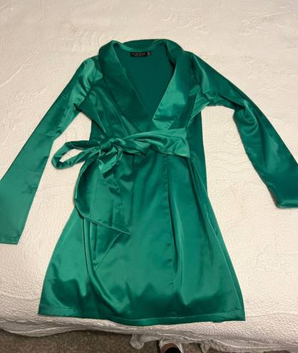 In The Style tie front satin blazer dress in emerald green