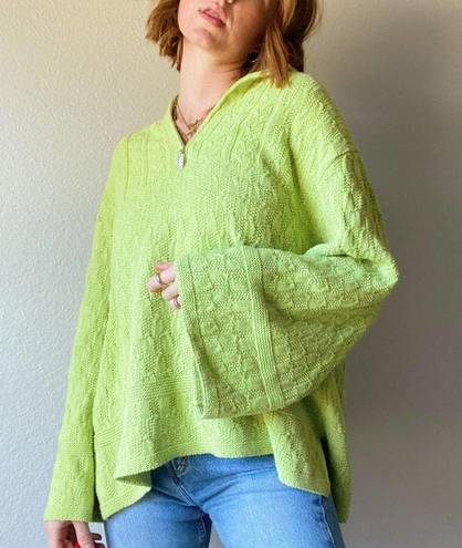 Coldwater Creek Funky  Lime Green Textured Flare Sleeve Quarter Zip Flowy Sweater