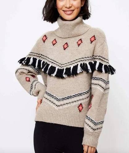 Lou & grey  For Loft Beige Long Sleeve Turtleneck Fair Isle Fringe Sweater Size S