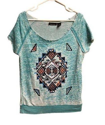 Sweater Project  Light Aqua Blue Aztec Short Sleeve Oversized Blouse Size XL