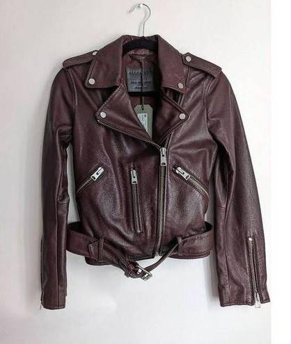 All Saints Balfern Leather Biker Jacket In Deep Berry Size 2 NEW