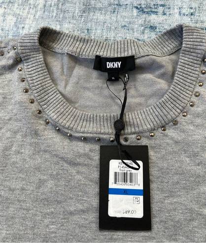 DKNY NWT!  Gray Studded Crew Neck Pullover Sweater XL