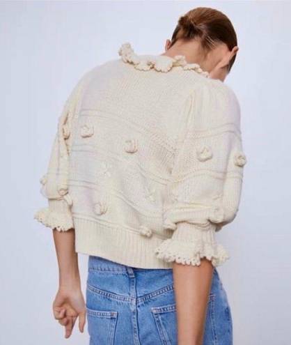 ZARA  NWOT Ruffled Floral Gem Button Down Knit Cardigan Sweater in Ivory Cream