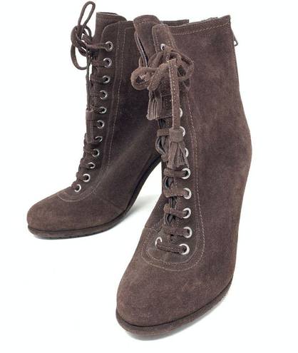 ALLSAINTS  Women's Size 38 US 8 Suede Lace Up High Heeled Tassel Boots Dark Brown