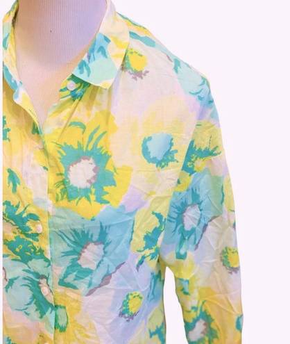 The Loft  Lightweight Semi Sheer Floral Button Down Shirt Blouse Green Yellow XS