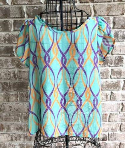 fab'rik  Blouse Small? Sheer Swing Back Flowy Abstract Artsy Festive Retr…