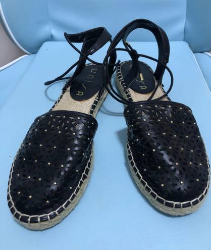 Unisa Strappy Black Leather Espadrilles