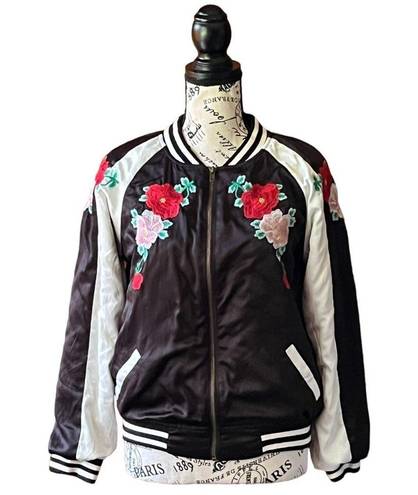 AQUA  CAPSULE Bomber Jacket Black Floral Embroidered full Zip satin Stretch XS