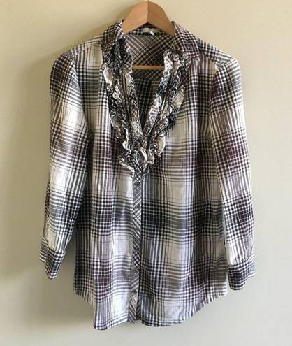 Joie  Fara Tuxedo Plaid Ruffle Button Up Shirt‎ SZ S